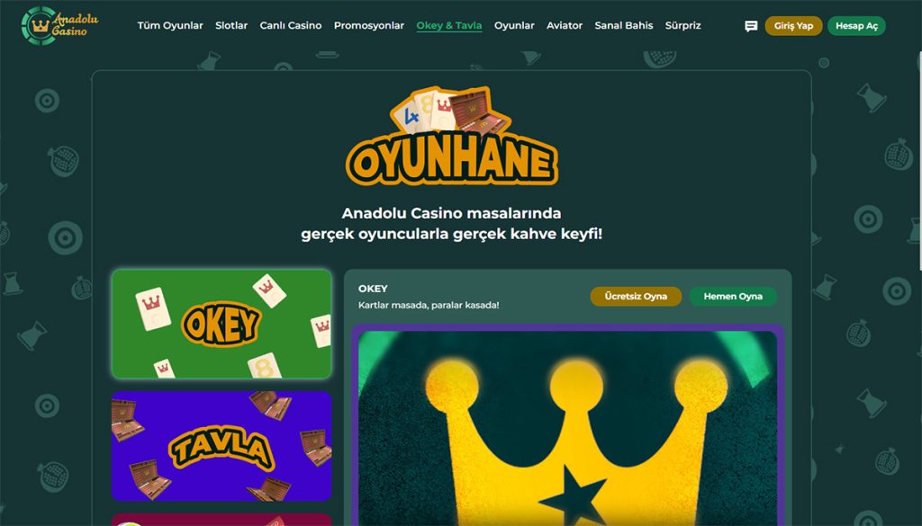 anadolu okey ve tavla oyunu